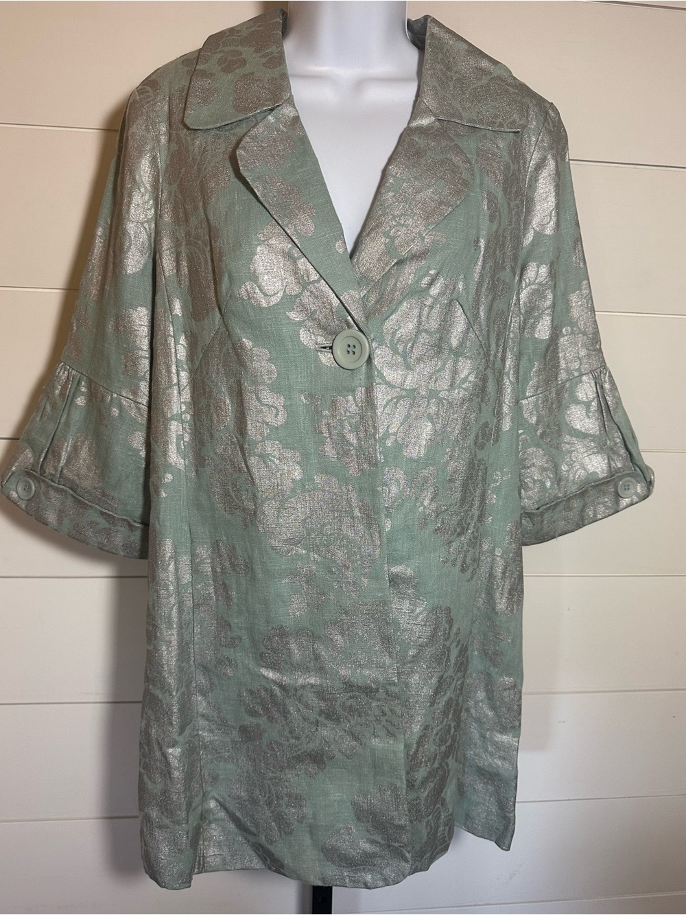 Mint Green Metallic Floral Button-Front Vintage Jacket
